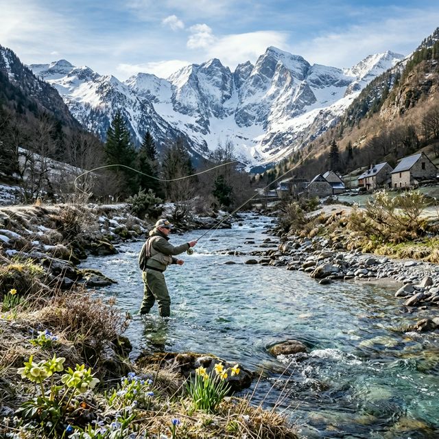Pêcheur à la mouche dans un torrent de montagne enneigé le jour de l'ouverture de la truite