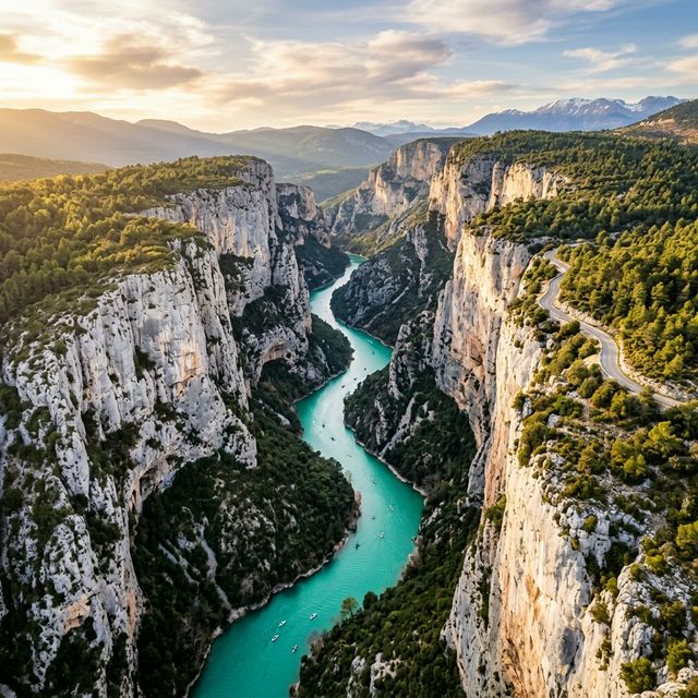 Gorges du Verdon vues du ciel, falaises calcaires blanches vertigineuses, rivière émeraude turquoise au fond du canyon, forêt de pins méditerranéens