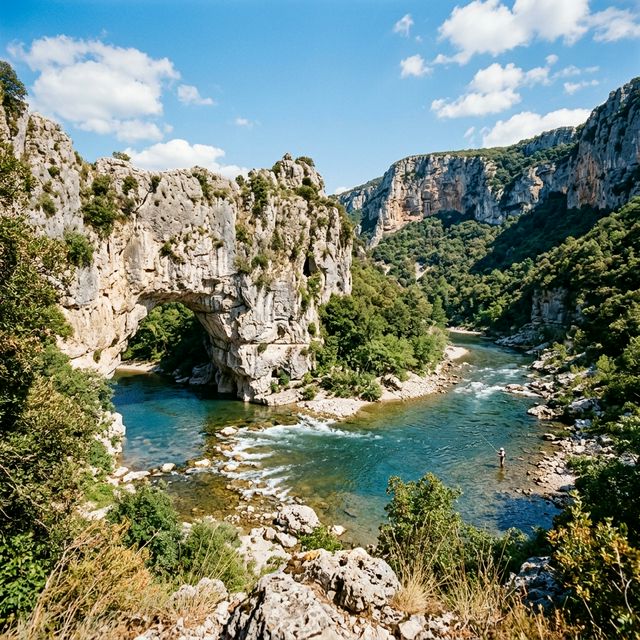 Gorges de l'Ardèche avec rivière sauvage émeraude, falaises calcaires et pêcheur à la mouche