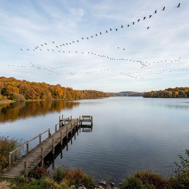 Lac d'Orient en automne avec forêt aux couleurs d'automne, ponton de pêche, grues cendrées en formation V dans le ciel
