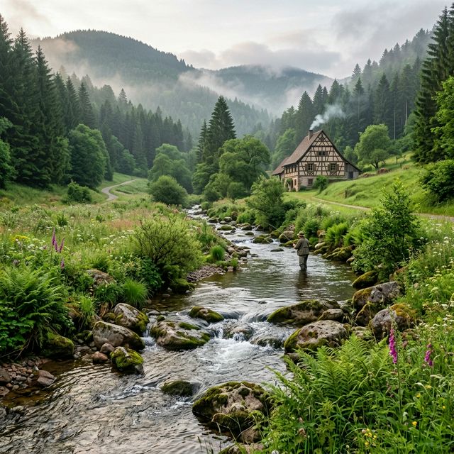 Torrent à truites dans une vallée des Vosges en Alsace, village à colombages en arrière-plan, forêt de sapins et brume matinale