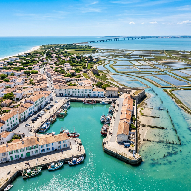 Vue aérienne de l'île de Ré avec son port de pêche coloré, marais salants et pont en arrière-plan, eaux turquoise de l'Atlantique
