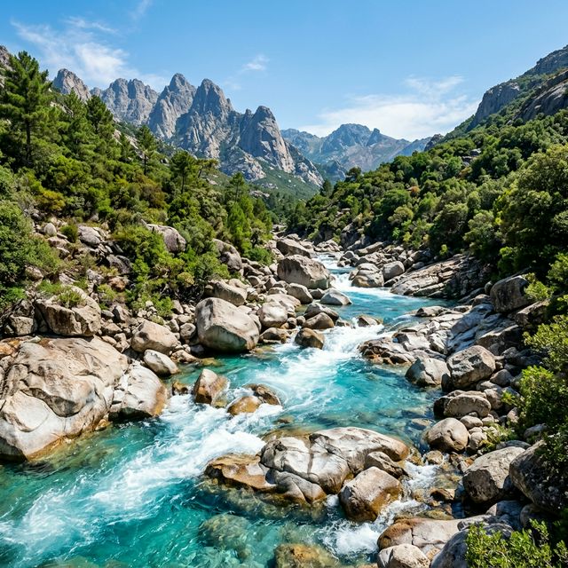 Rivière de montagne corse avec eaux turquoise coulant entre rochers de granit, maquis méditerranéen et montagnes en arrière-plan