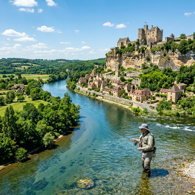 Rivière Dordogne serpentant au pied d'un château médiéval du Périgord avec pêcheur, Dordogne