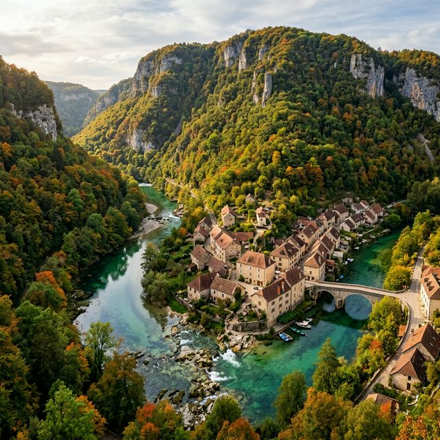 Vallée de la Loue dans le Jura avec rivière calcaire serpentant entre falaises boisées et villages pittoresques
