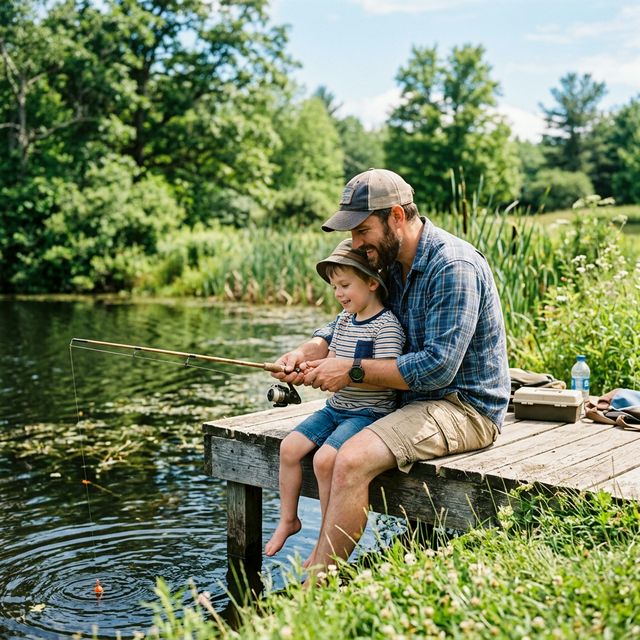 Père et fils pêchant ensemble au bord d'un lac de montagne, moment de bonheur familial