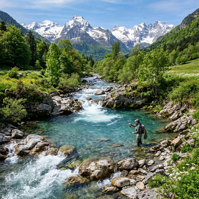 Pêcheur à la mouche dans le Gave de Pau, eau turquoise sur galets, sommets enneigés des Pyrénées en arrière-plan, vallée verdoyante