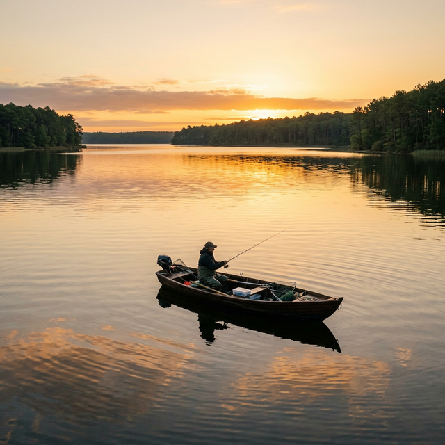 Vaste lac de Carcans-Hourtin au lever du soleil avec pêcheur en barque, forêt de pins des Landes