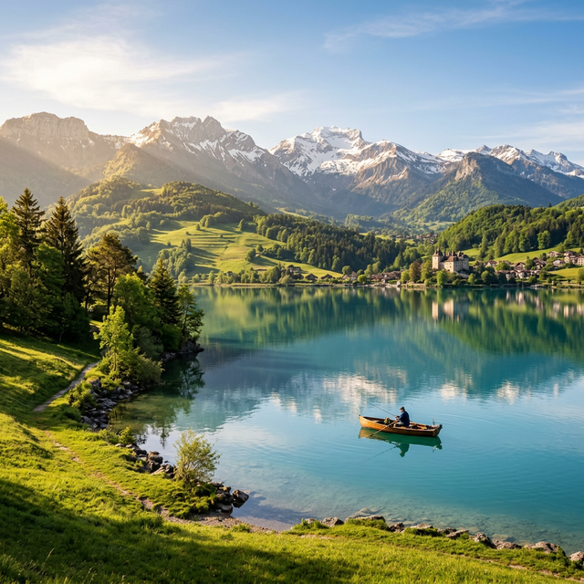 Vue panoramique du lac d'Annecy avec montagnes alpines enneigées et pêcheur en barque, Haute-Savoie