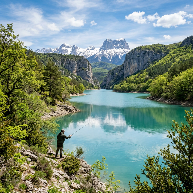 Lac de Monteynard-Avignonet dans les gorges de l'Isère avec eaux turquoise et montagnes enneigées