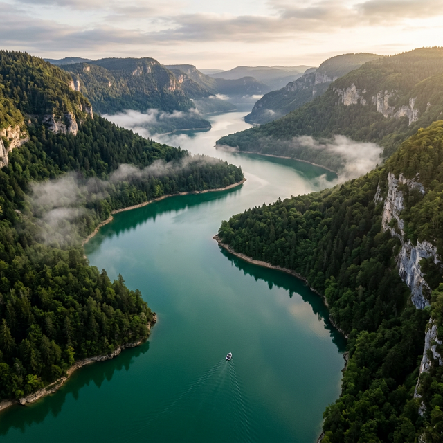 Vue aérienne du lac de Vouglans dans le Jura, eau émeraude, falaises calcaires couvertes de forêts de sapins, brume matinale