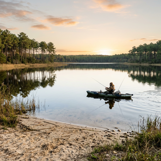 Grand lac landais au lever de soleil, pêcheur en kayak, pins maritimes se reflétant dans l'eau calme, plage de sable