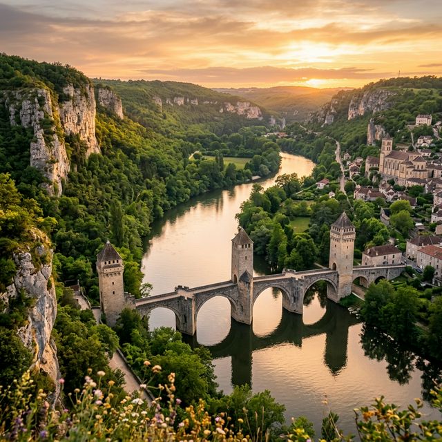 Vallée du Lot avec rivière serpentant entre falaises calcaires, pont médiéval fortifié et végétation luxuriante au coucher du soleil