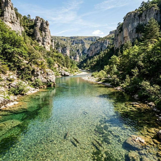 Rivière cristalline de Lozère serpentant entre les falaises des Causses avec des truites visibles dans l'eau