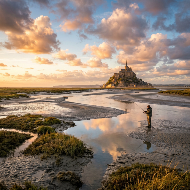 Mont-Saint-Michel vu depuis la baie à marée basse au crépuscule doré, pêcheur sur les vasières, prés salés et reflets dans l'eau
