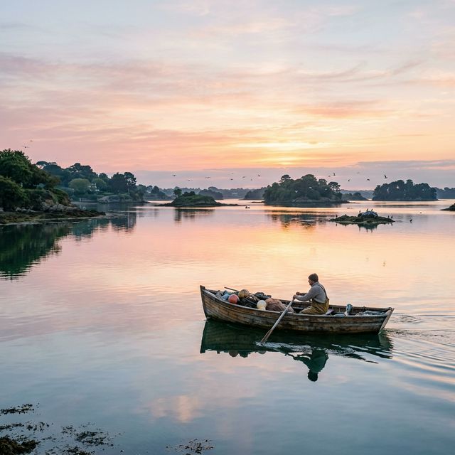 Golfe du Morbihan à l'aube avec îles dispersées, bateau breton traditionnel et ciel rose-violet reflété dans l'eau calme