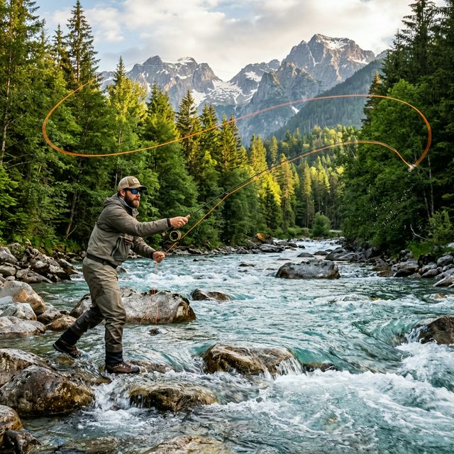 Pêcheur à la mouche dans une rivière de montagne