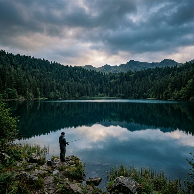 Lac Pavin, lac de cratère volcanique entouré de forêt de conifères dans le Puy-de-Dôme, pêcheur au bord