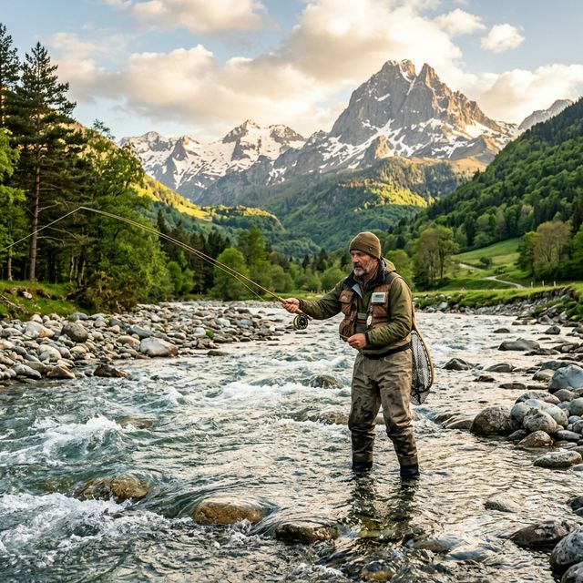 Gave d'Oloron dans les Pyrénées avec eau claire, pêcheur à la mouche et sommets enneigés