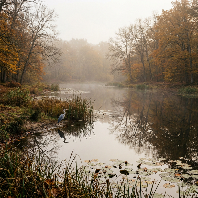 Étang de Sologne à l'aube avec brume sur l'eau, nénuphars, héron cendré, reflets d'arbres automnaux