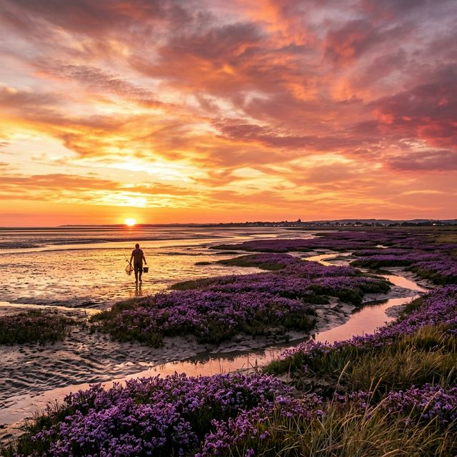 Baie de Somme au crépuscule doré avec vasières, prés salés, lavande de mer violette et silhouette d'un pêcheur