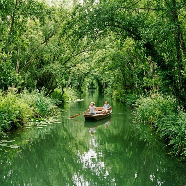 Canal du Marais Poitevin (Venise Verte) avec voûte végétale de saules et peupliers, barque traditionnelle (plate), eaux calmes et reflets verts