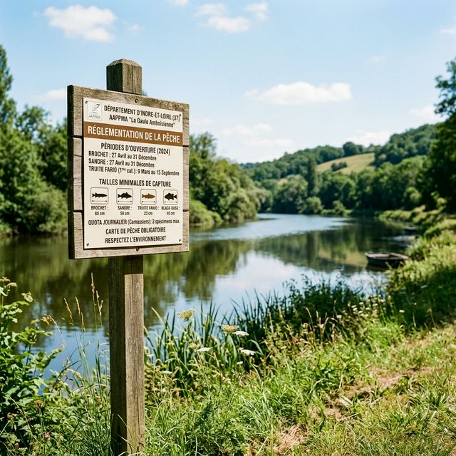 Panneau de réglementation de pêche au bord d'une rivière française