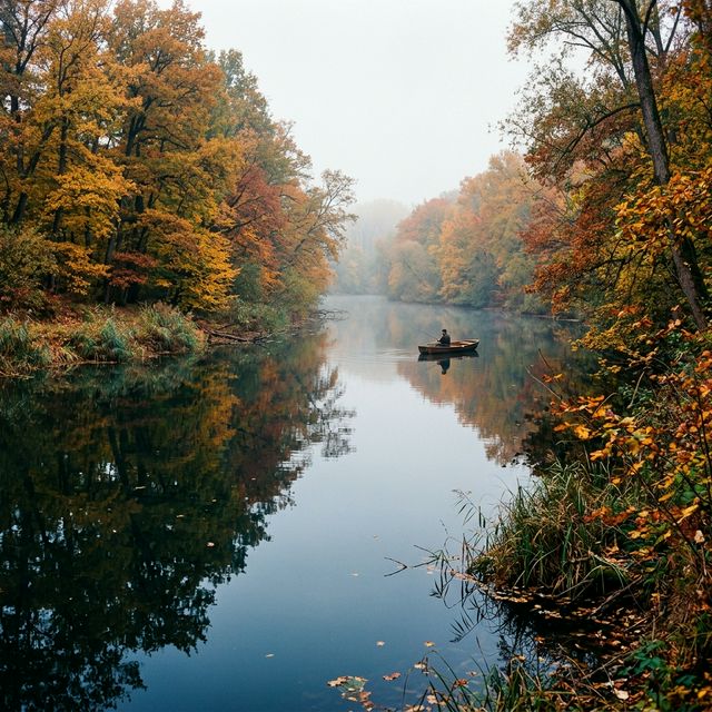 Ancien bras du Rhin en Alsace en automne avec feuillage doré, forêt ripuaire et pêcheur en barque sur eau calme