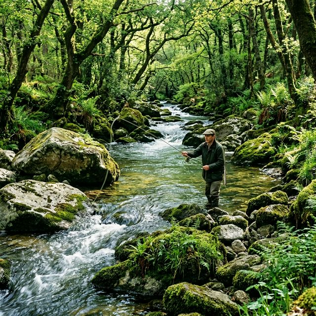 Rivière Scorff en Morbihan, eaux claires coulant sur roches de granit dans une forêt dense de chênes avec un pêcheur à la mouche