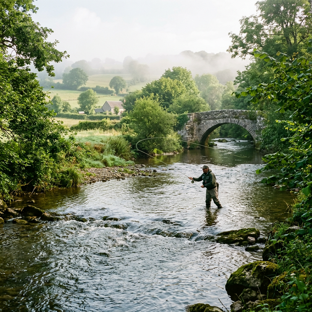 Rivière à saumon normande avec pêcheur à la mouche, pont de pierre, bocage verdoyant et brume matinale