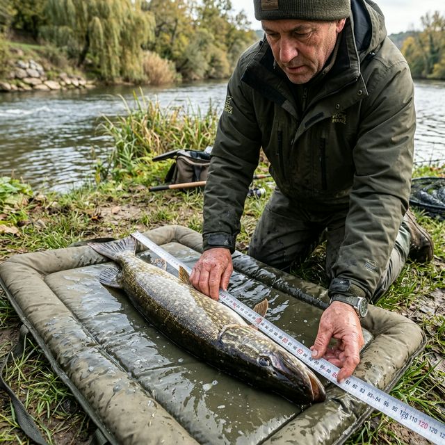 Pêcheur mesurant un brochet avec une toise au bord d'une rivière française