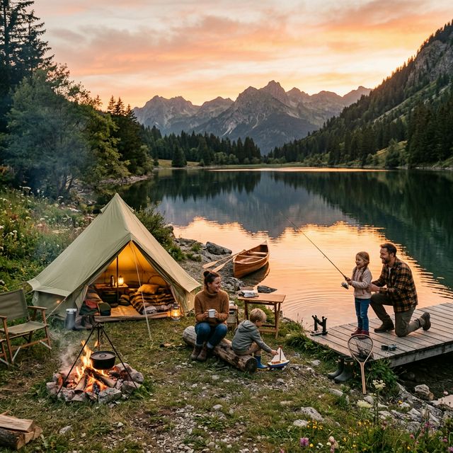 Bivouac au bord d'un lac français avec cannes à pêche, matin brumeux en montagne