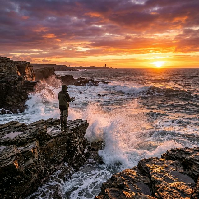 Pêcheur sur les rochers de la côte vendéenne au coucher de soleil, embruns, vagues atlantiques et ciel orangé