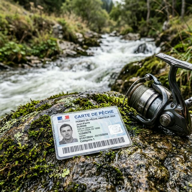 Une carte de pêche déposée sur une pierre moussue près d'un moulinet avec une rivière en arrière-plan