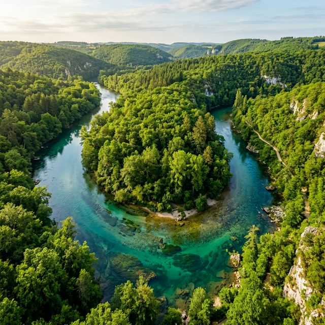 Vue plongeante sur une rivière propre et cristalline coulant à travers une forêt préservée