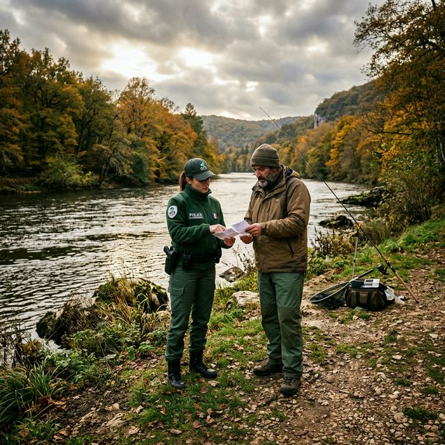 Agent de l'OFB en uniforme vert contrôlant la carte d'un pêcheur au bord d'une rivière en France