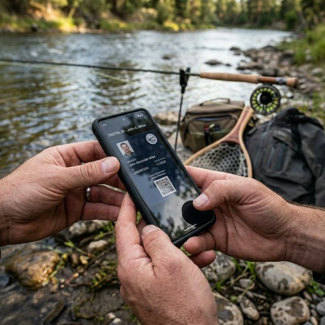 Pêcheur montrant sa carte de pêche numérique sur l'écran d'un smartphone au bord de l'eau