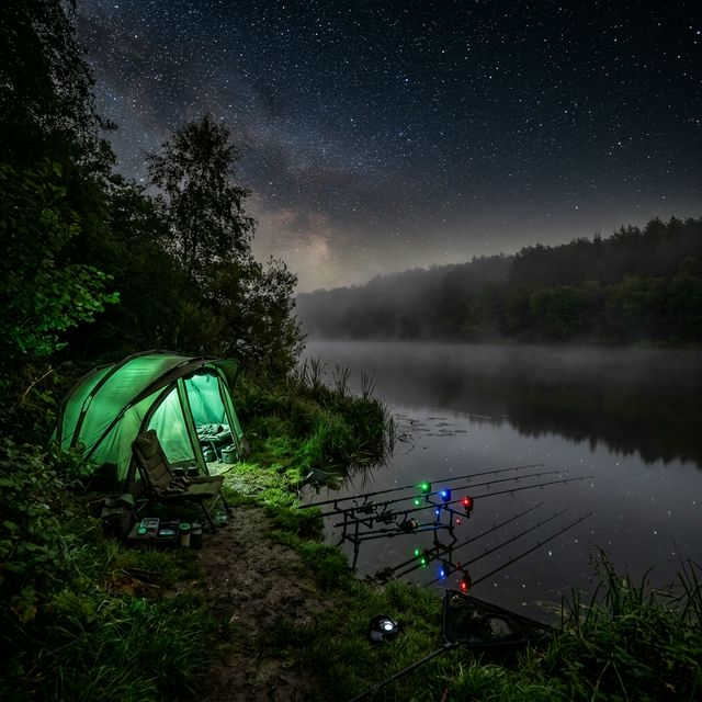 Session de pêche de la carpe de nuit au bord d'un lac, bivvy éclairé et cannes sur rod pod