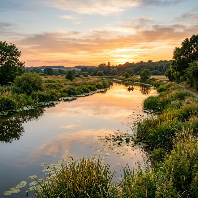 Rivière de plaine calme avec nénuphars et roseaux, typique des eaux de 2ème catégorie