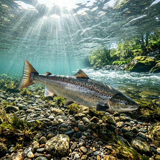 Magnifique saumon atlantique sauvage remontant le courant dans une rivière cristalline, habitat naturel préservé