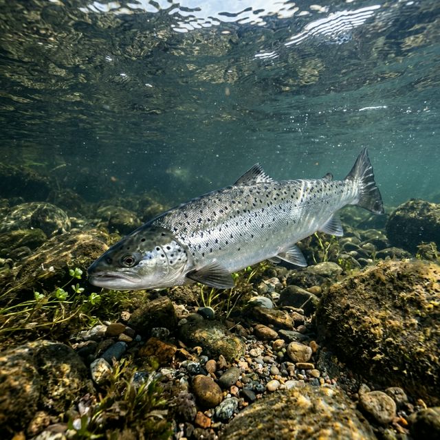 Truite de mer svelte et argentée évoluant dans une rivière côtière peu profonde