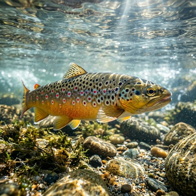 Truite fario sauvage aux points rouges et noirs tenue délicatement au-dessus d'un ruisseau cristallin